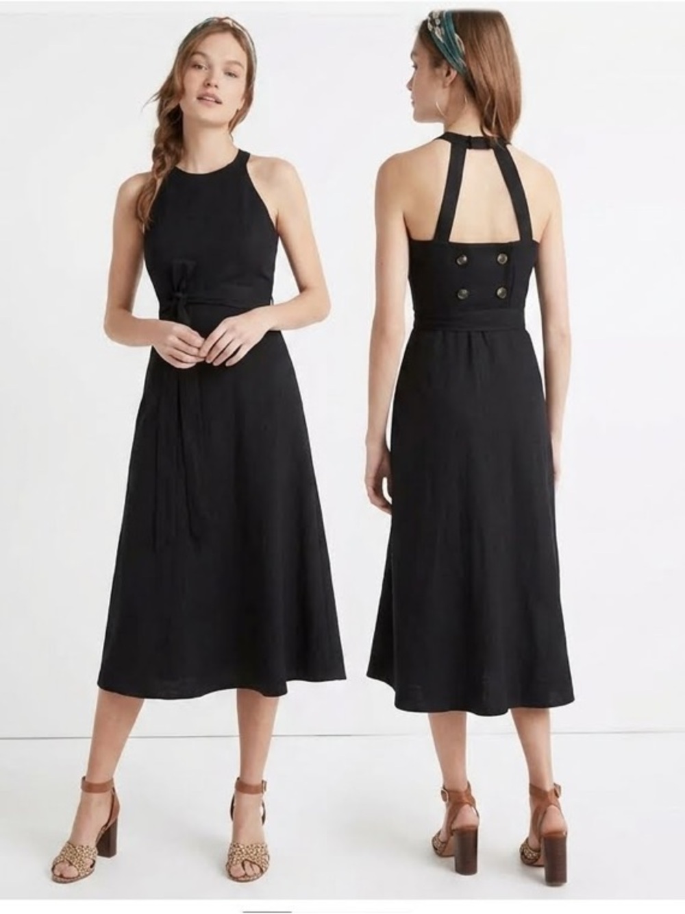 Anthropologie Greta Black Halter Midi Dress with Back Button Panel Size 6